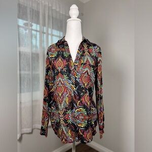 New York & Company Multicolored Baroque Print V-Neck Collared Long Sleeve Blouse